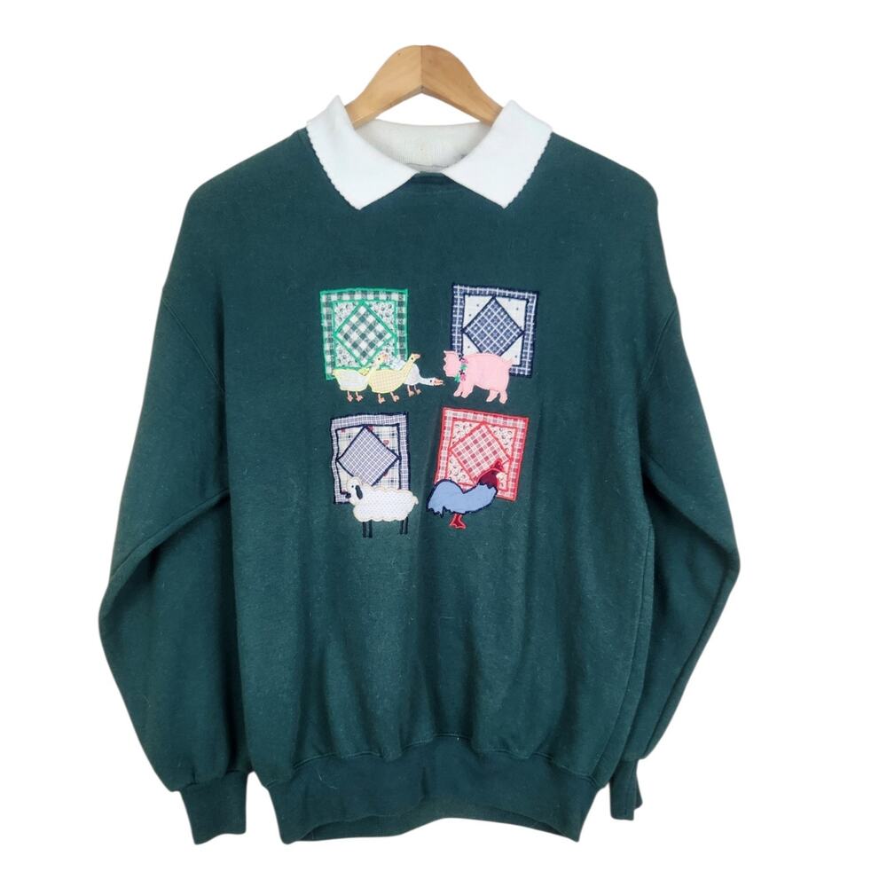 Vtg 90s Sweatshirt Womens Medium Green Farm Animals Granny 90s Double Collar